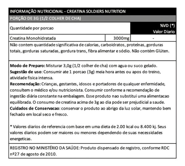 Creatina Monohidratada 500g Soldiers Nutrition Sabor Natural - Image 3