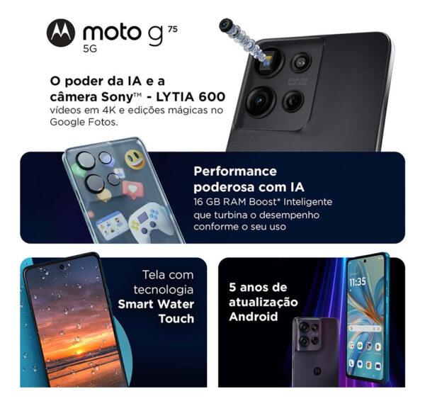 Smartphone Motorola Moto G75 5g Music Edition Moto Buds - 256gb 16gb (8gb Ram+8gb Ram Boost) E 50mp Sony Lytia 600 Camera Moto Ai Ultrarresistencia Militar - Cinza Vegan Leather - Image 4