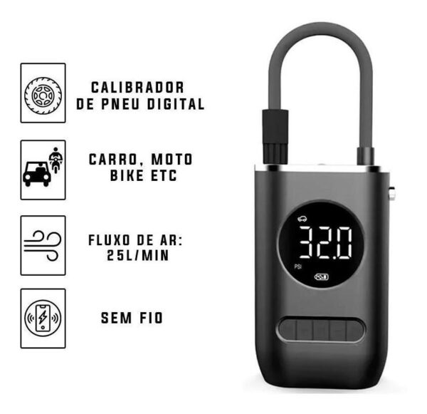 Bomba De Ar Car Air Pump Mini Compressor Portátil Calibra Encher Pneu De Carro Bike Moto Cor Preto Usb - Image 4