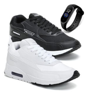 Combo 2 Pares Tênis Esportivo P Academia Caminhada + Relógio