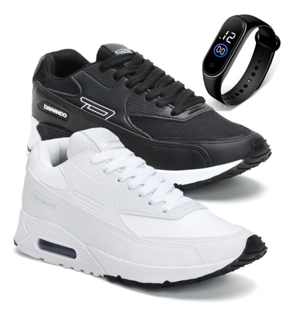 Combo 2 Pares Tênis Esportivo P Academia Caminhada + Relógio