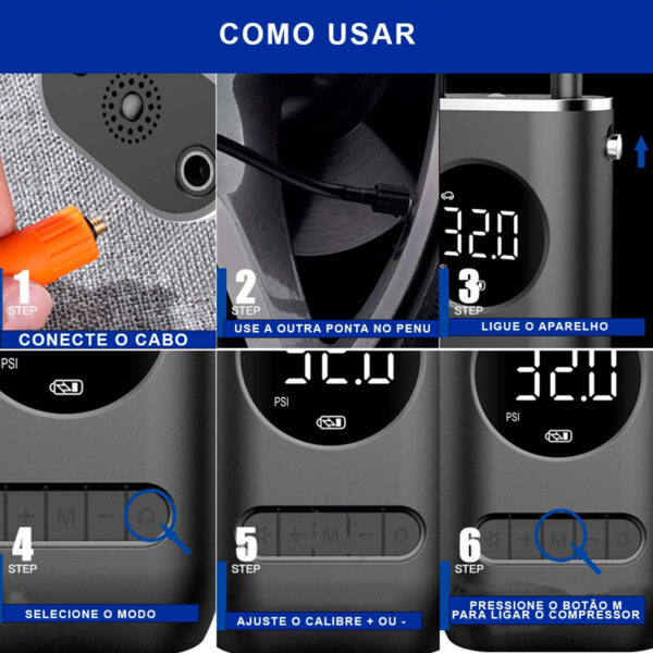 Bomba De Ar Car Air Pump Mini Compressor Portátil Calibra Encher Pneu De Carro Bike Moto Cor Preto Usb - Image 6